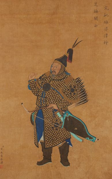 null CHINA, late Qing period,
Ink and colors on silk depicting a Manchu warrior dressed...