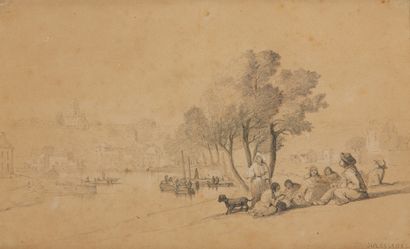 null Jules NOEL
(Nancy 1810 – Mustapha 1881)
Paysans au bord d’une rivière en Bretagne
Crayon...