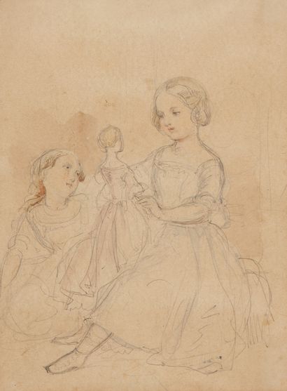 null Ecole FRANCAISE vers 1840
Etude pour un portrait de deux petites filles à la...