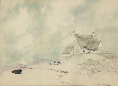 GUÉRIN Ernest Pierre, 1887-1952 
Bretonnes et chaumière sur la dune
Aquarelle, signée...
