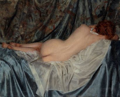 JORON Maurice, 1883-1937 
Nu au collier de perles
Huile sur toile, signée en haut...