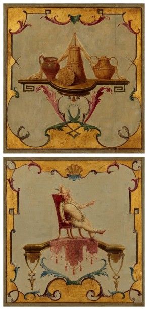 Attribué à Claude III AUDRAN, 1658-1734 
Deux panneaux de bas-lambris
Arabesques...
