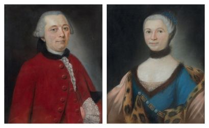Ecole française du XVIIIème 
Portrait d'homme en redingote rouge;
Portrait de femme...