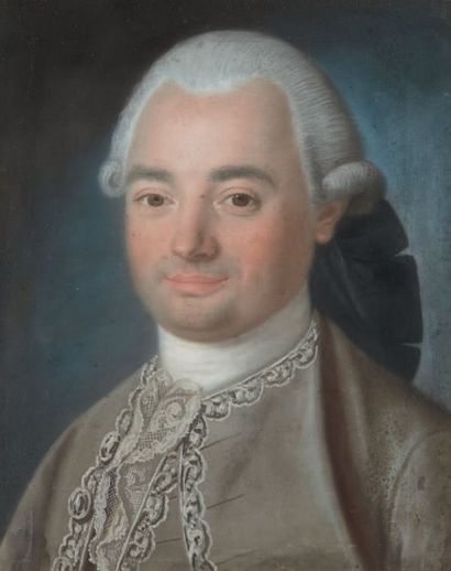 Ecole Française vers 1770 
Portrait d'homme au catogan
Pastel. Cadre en bois sculpté...