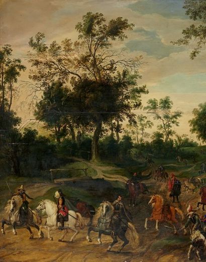 Sébastien VRANCX (1573-1647) 
Escarmouche de cavalerie
Panneau de chêne parqueté....