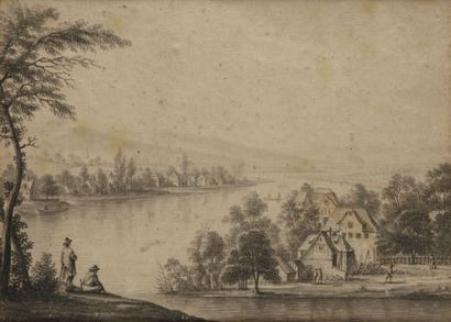 Ecole HOLLANDAISE du XVIIIème siècle 
Dessin représentant une vue de village animée...