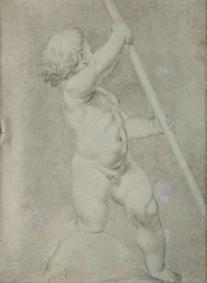 Ecole Française du XVIIIème siècle 
Etude d'enfant tenant un bâton. Pierre noire.
Dim.:...