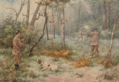 Frédéric MASSON (XIX-XXe) 
Scène de chasse à tir
Aquarelle signée en bas à gauche.
Dim.:...