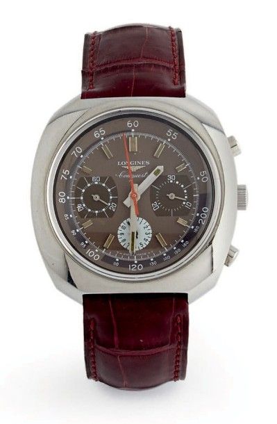 LONGINES CONQUEST vers 1970 
Chronographe trois compteurs en acier (à 9h, 3h et 6h),...