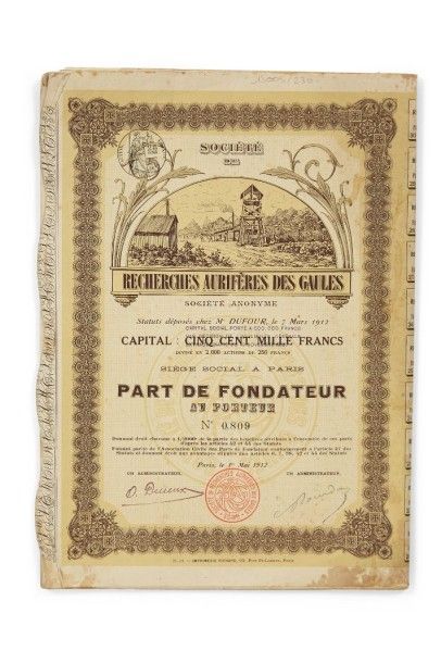 null Titres anciens - Recherches aurifères des Gaules, 1912
19 Actions de 250 f....