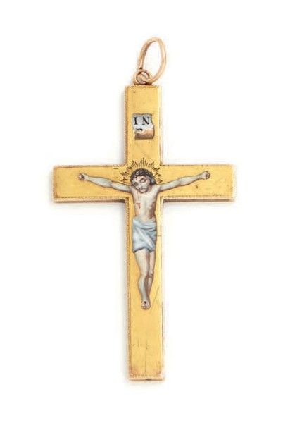 null Croix en pendentif en or jaune (18k) à décor émaillé du christ. (Eclat à l'émail...