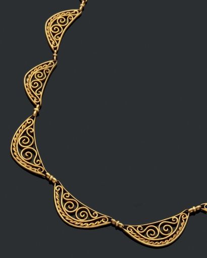 null Collier draperie en or jaune à motifs filigranés.
Fin du XIXe siècle.
Poids:...