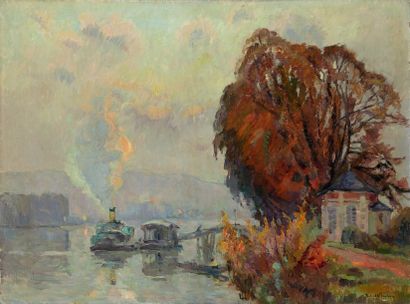 PINCHON Robert Antoine, 1886-1943 
Automne à Sahurs, bateau-lavoir sur la Seine.
Huile...