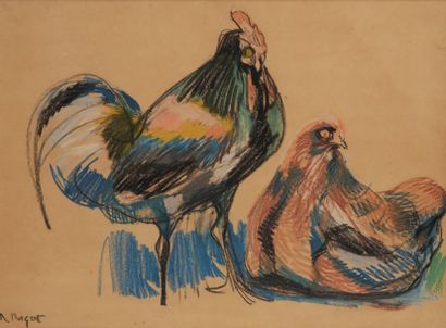 Raymond BIGOT (1872-1953) 
Un coq et une poule.
Pastel signé en bas à gauche
Dim.:...