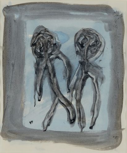 MICHAUX Henri, 1899-1984 
Deux figures sur fond bleu
Gouache sur papier monogramme...