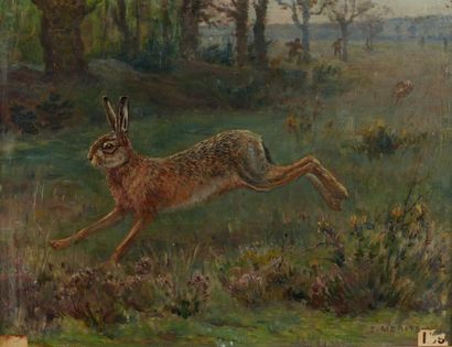 Édouard Paul MERITE (1867-1941) 
La chasse au lièvre.
Huile sur panneau signée en...