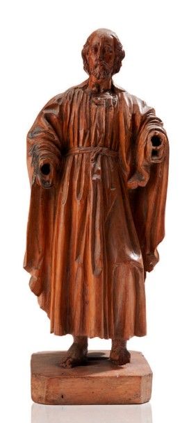 null Christ en bois fruitier sculpté.
XVIIe siècle
H.: 29,8 cm
(mains manquantes,...