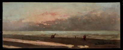 RYSSELBERGHE Théo Van (1862-1926) 
Bord de mer animé au soleil couchant, 1881, huile...