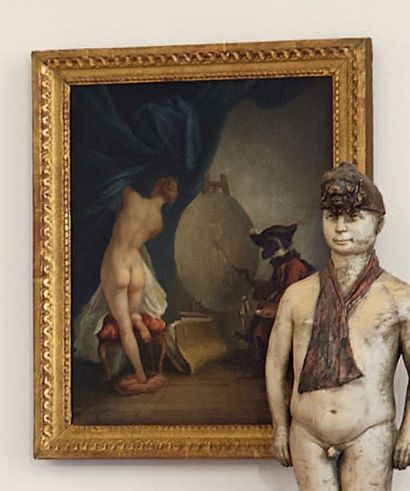 Ecole FRANCAISE vers 1800 suiveur de Chardin 
Le singe peintre
Toile d'origine
Dim:...