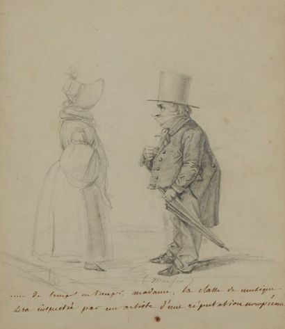 Paul GAVARNI (1804-1866) 
Couple
Dessin humoristique au crayon noir annoté.
Epoque...