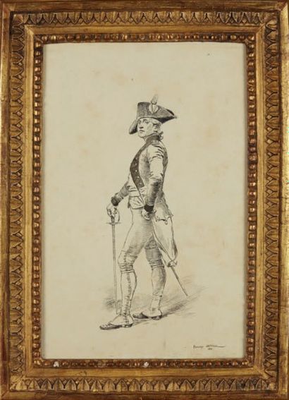 Edouard Jean Baptiste 
Militaire en tenue
Plume encre de chine et lavis gris signé...