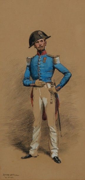 Edouard Jean Baptiste DETAILLE (1848-1912) 
Militaire en tenue.
Plume, encre de chine...