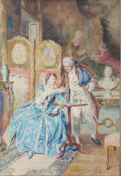 Bernard Louis BORIONE (Paris, 1865 - ?) 
La visite galante
Aquarelle signée en bas...
