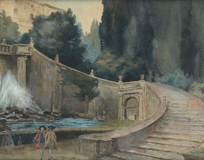 École Française du XIXe siècle 
Aquarelle figurant deux personnages devant un escalier...