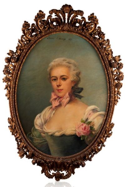 Louise ABBEMA (1858-1927) 
Portrait de femme au noeud rose.
Huile sur toile de forme...