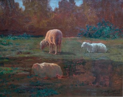 Juliette PEYROL-BONHEUR (Bordeaux 1830 - Paris 1891) 
Etude de moutons au pré
Huile...