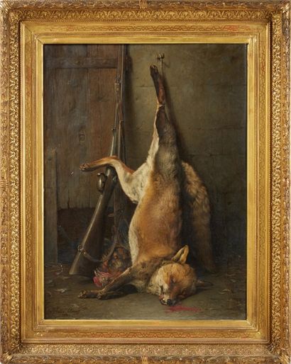 CLOUET Félix (? - 1882) 
Nature morte aux lièvres et au renard.
Huile sur toile signée...