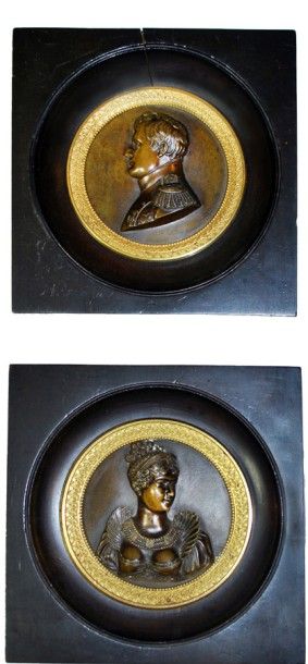 null Paire de médailles en bronze, Napoléon et Joséphine.
Diam.: 9 cm (à vue)