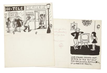 Jean EFFEL (1908-1982) Publicité Prestil. 2 Dessins à l'encre de Chine, 32 x 25 cm....