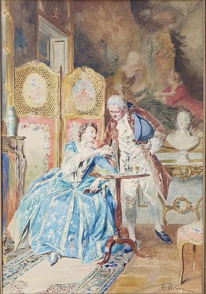 Bernard BORIONE (Paris, 1865-?) 
La visite galante
Aquarelle signée en bas à droite
Dim.:...