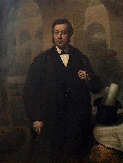 PEGOT Bernard, actif 1830-1900 
Portrait d'un architecte représenté avec le pont-viaduc...