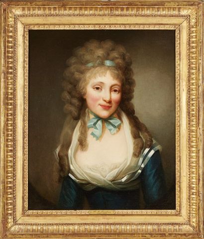 Attribué à Henri Pierre DANLOUX (1753-1809) 
Portrait de femme en décolleté de soie...