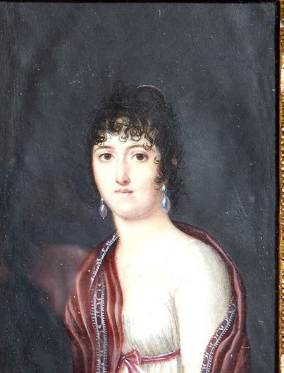 DURAND DUCLOS Huile sur panneau figurant le portrait d'une jeune femme en robe de...