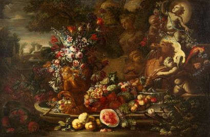Nicola CASISSA (? - Naples, 1731) 
Nature morte de fruits et vase de fleurs près...
