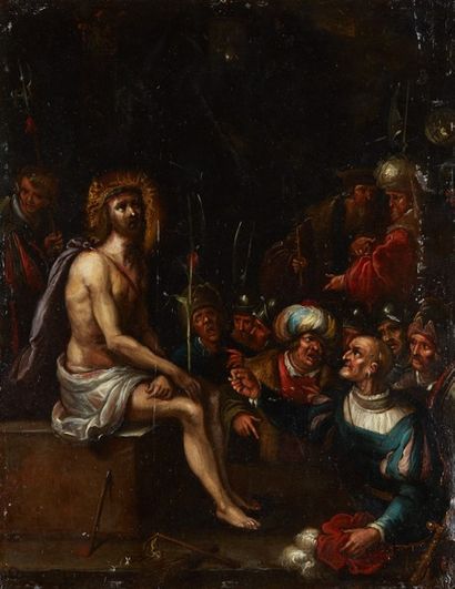 ÉCOLE FLAMANDE DU XVIIE SIÈCLE, ATELIER DE FRANS FRANCKEN Christ au roseau. Cuivre
Dim.:...