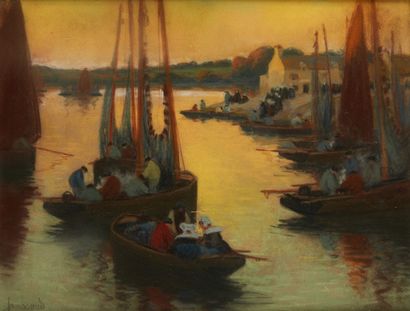 JANSSAUD Mathurin (1857-1940) 
Retour des pêcheurs le soir à la cale.
Pastel, signé...