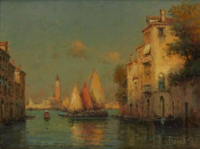 BOUVARD (Fin XIXe siècle) 
Canal, gondoles et voiles à Venise.
Paire d'huiles sur...