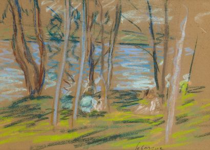 LEBASQUE HENRI (1865-1937) 
Scène au bord de l'eau.
Pastel sur papier beige.
Signé...