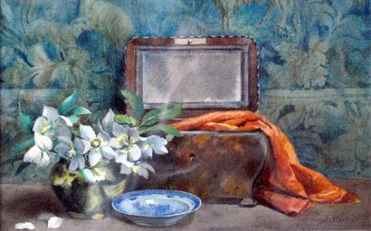 null Joanny REC (XIX-XX). 

Aquarelle représentant une nature morte au pot de jasmin....
