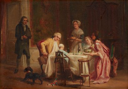 Prudent Louis LERAY (1820-1879) Déjeuner de famille.
Huile sur panneau signée en...