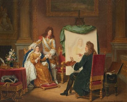Ernest HILLEMACHER (1818 - 1887) Louis XIV et Madame de Maintenon chez Mignard.
Toile...