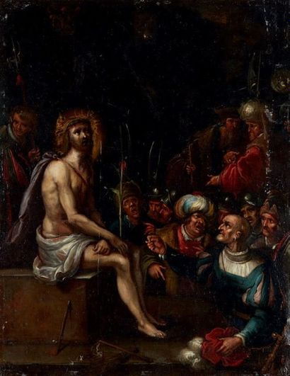 ÉCOLE FLAMANDE DU XVIIE SIÈCLE, ATELIER DE FRANS FRANCKEN Christ au roseau.
Cuivre....