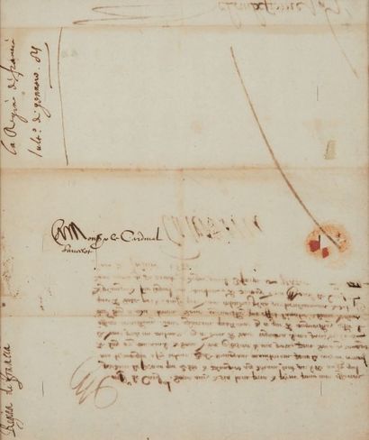 Catherine de MÉDICIS (Florence 1519-Blois 1589) Lettre signée «Caterina » Paris le...