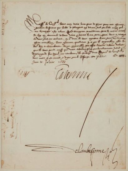 Catherine de MÉDICIS (Florence 1519-Blois 1589) Lettre signée «Caterina » Paris le...