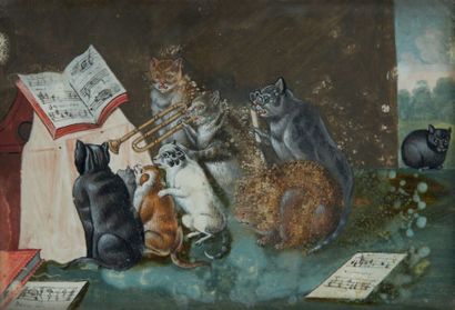 École FRANÇAISE du XVIIIe siècle Gouache sur velin représentant des chats jouant...