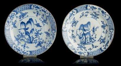 CHINE Paire d'assiettes circulaires en porcelaine décorées en bleu sous couverte...